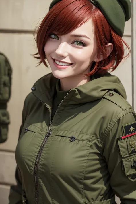 Woman, Green Eye, short red hair, smiling mischievously, military clothing, Clear scenario 