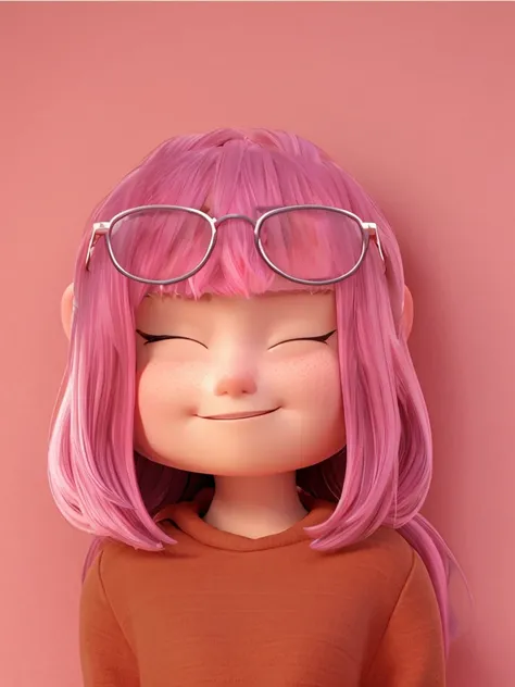 sharp focus, 8K, A cute and beautiful girl, 11 years old, highly detailed, 3D Cartoon, pink  hair, white round glasses on head, brown sweatshirt, closed eyes smiling with a closed smile, beautiful perfect, Disney  style, pixar.