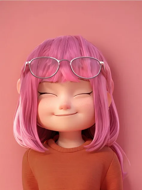 sharp focus, 8K, A cute and beautiful girl, 11 years old, highly detailed, 3D Cartoon, pink  hair, white round glasses on head, brown sweatshirt, closed eyes smiling with a closed smile, beautiful perfect, Disney  style, pixar.