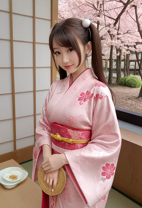 Playful and cute oriental beauty girl.Long brown hair with ponytails on both sides，Texture、Beautiful pink Japanese kimono、，masterpiece，best quality