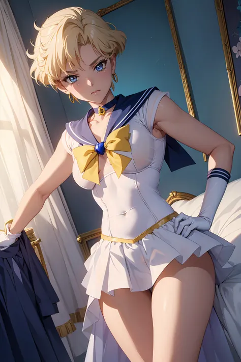 NSFW (Highest quality:1.1), (masterpiece:1.4), (Absurd:1.0), Cool look, close, 1 , {Sailor Uranus}　Sailor Warrior Uniform, Sailor collar, Chest Bow, Yellow ribbon, Pleading Skirt, White elbow gloves　Aqua Eye, Blonde Hair　Erect nipples {{{{{topless}}}}}++ B...