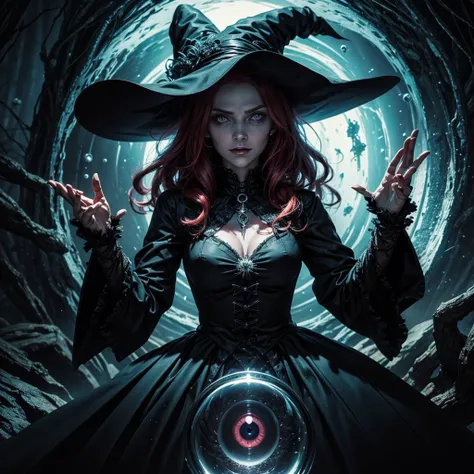 A witch is sucked into a vortex, she has her hands stretched out towards the camera as if to ask for help, in the background behind the vortex are two evil eyes