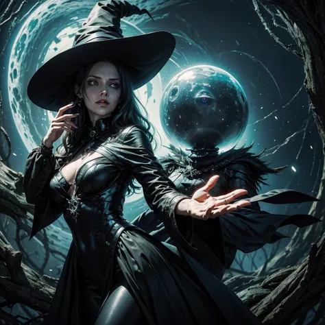 A witch is sucked into a vortex, she has her hands stretched out towards the camera as if to ask for help, in the background behind the vortex are two evil eyes