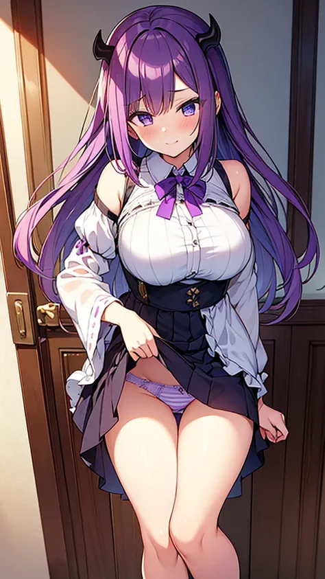 最high quality, high quality, Super detailed, 16K, Ultra-detailed details, pretty girl, alone, beautiful purple hair, Beautiful purple eyes, Big Breasts, A light smile, Summer clothes, Summer Maid clothes, Im lifting my skirt, Blue and white color striped u...