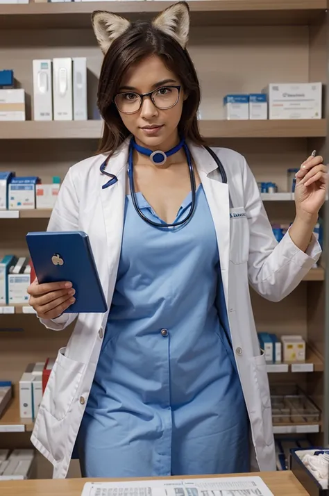 A pharmacist fox dressed as a doctor with a stethoscope around its neck