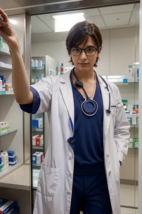 A pharmacist fox dressed as a doctor with a stethoscope around its neck