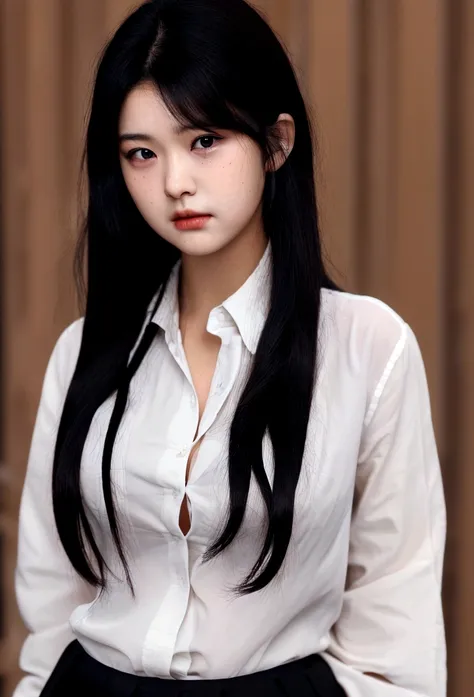 best quality, ultra high res, (photorealistic:1.4), 1girl, button shirt, black skirt, school, dark brown hair, breasts, (black hair:1.2), looking at viewer, (highly detailed face:1.1),,  (PureErosFace_V1:0.8),tiktok,