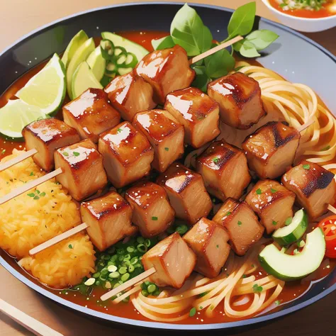 /imagine foodphoto, grilled chicken skewers, noodles, 2D style, Anime style