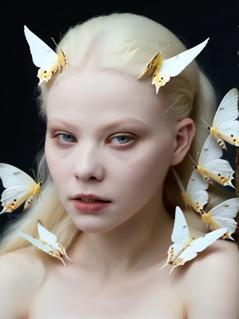 grotesque, horror, albino, female chimera, moths, close-up, professional photo