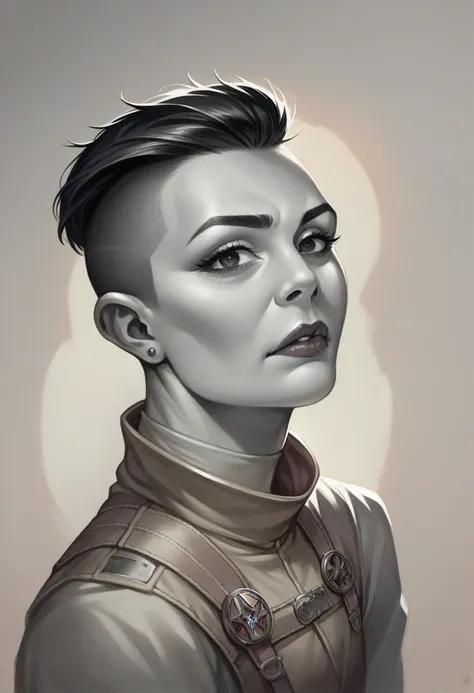 a stunning 30 year old woman with a super short buzzcut with a medium fade undercut and a side shave sitting in a barberchair, photorealistic, hyperrealistic, 8k, uhd, high detail, masterpiece, film grain 