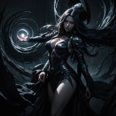 A beautiful witch being sucked into a swirling vortex, her hands outstretched towards the camera as if pleading for help, two malevolent eyes looming ominously in the background, (best quality,4k,8k,highres,masterpiece:1.2),ultra-detailed,(realistic,photor...