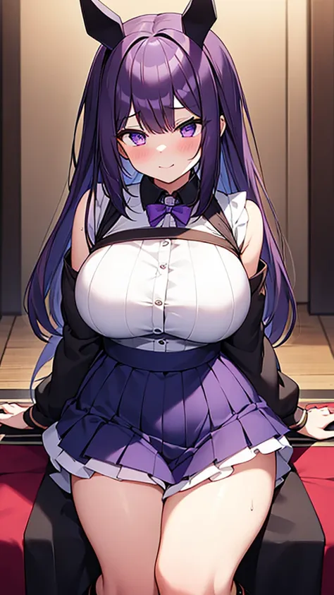 最high quality, high quality, Super detailed, 16K, Ultra-detailed details, pretty girl, alone, beautiful purple hair, Beautiful purple eyes, Big Breasts, A light smile, Summer clothes, Summer Maid clothes, Im lifting my skirt, Blue and white color striped u...