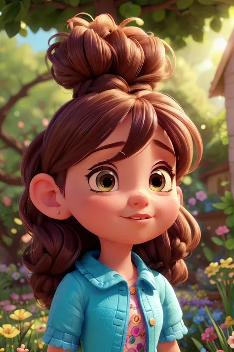 A beautiful cute cartoon 3D girl, detailed portrait, big eyes, small nose, lovely lips, long eyelashes, colorful hair, detailed face, expressive emotions, cute outfit, fantasy setting, lush garden background, vibrant colors, soft lighting, magical atmosphe...