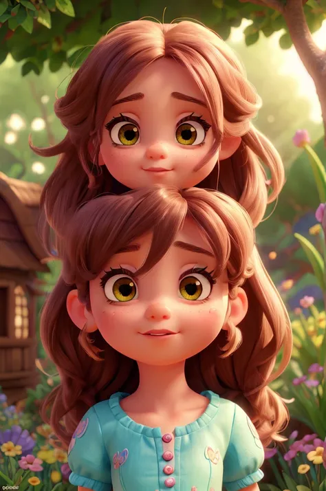 A beautiful cute cartoon 3D girl, detailed portrait, big eyes, small nose, lovely lips, long eyelashes, colorful hair, detailed face, expressive emotions, cute outfit, fantasy setting, lush garden background, vibrant colors, soft lighting, magical atmosphe...