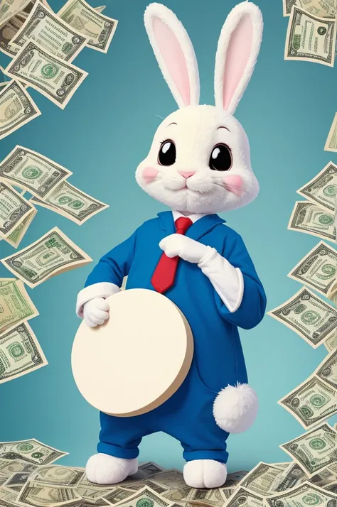 A bunny cartoon character in bottom middle of page and money in its hand high quality 
