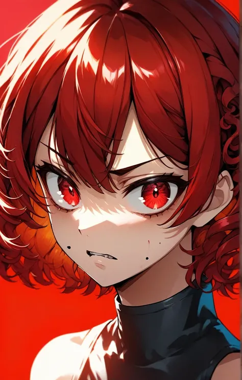 a beautiful young anime girl buzz cut curly red hair angry face, digital art portrait, with glowing skin, vibrant flat colors, and a gradient red background (best quality,4k,8k,highres,masterpiece:1.2) ultra-detailed,beautiful detailed red eyes,dramatic li...