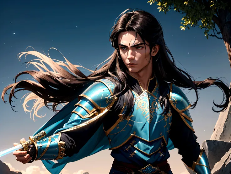 Imagine a young warrior with long dark hair, dressed in elegant but functional armor, adorned with magical runes that shine with a soft glow. He carries an ancient sword that glows blue when ready for battle.. His face reflects determination and an aura of...