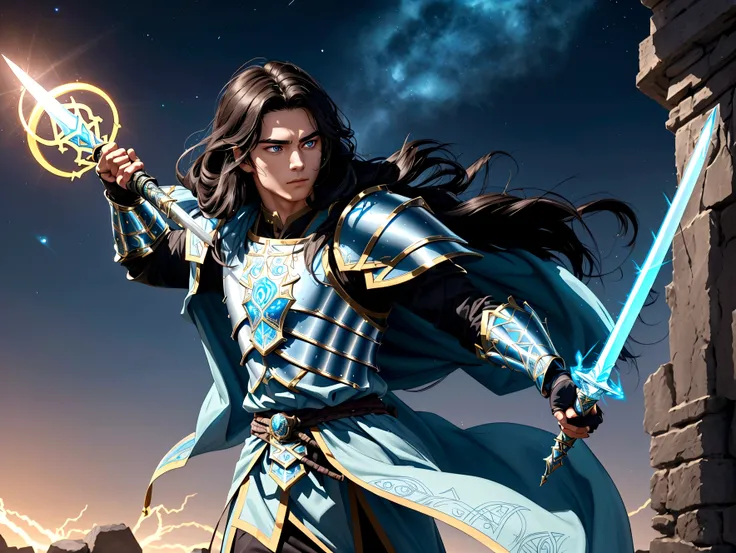 Imagine a young warrior with long dark hair, dressed in elegant but functional armor, adorned with magical runes that shine with a soft glow. He carries an ancient sword that glows blue when ready for battle.. His face reflects determination and an aura of...