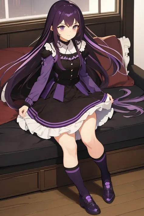 girl, PURPLE HAIR, Brown eyes, black streak, black and purple dress, long socks 