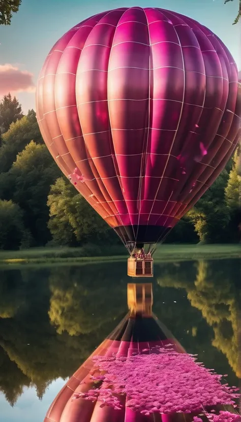 masterpiece, best quality, (epic, absurd, elegant) mirror reflection of a big (gothic) hot air balloon, (falling romantic flows of pink petals), summer, volumetric lighting