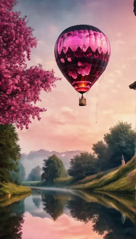 masterpiece, best quality, (epic, absurd, elegant) mirror reflection of a big (gothic) hot air balloon, (falling romantic flows of pink petals), summer, volumetric lighting