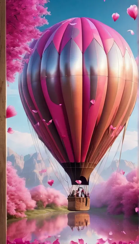 masterpiece, best quality, (epic, absurd, elegant) mirror reflection of a big (gothic) hot air balloon, (falling romantic flows of pink petals), summer, volumetric lighting