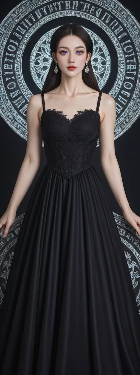 realistic,score_9, score_8_up, score_7_up, 
 Elegant single woman，Round dress，Shining eyes，Perfection in every detail，An exquisite masterpiece，The beauty of purity and lightness，Gentle，Attention to detail，Purple and Black Lace Circle Princess Dress，Fairy