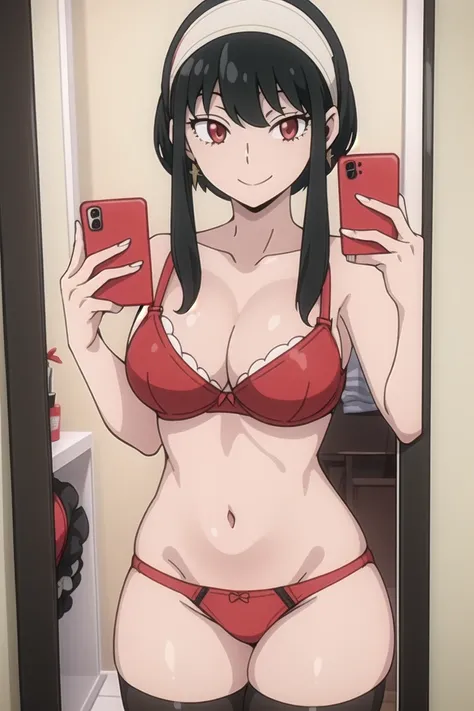 yorbriar, yor briar, black hair, (red eyes:1.5), earrings, (((white hairband))), hairband, smile ,short hair with long locks,mirror  selfie, 1girl, wide ass, talking ass selfie  , big breasts ,  bathroom,  , underwear, phone, reflection, , mirror, black_ha...