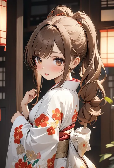 Playful and cute oriental beauty girl.Long brown hair with ponytails on both sides，Texture、Beautiful white Japanese kimono、，masterpiece，best quality