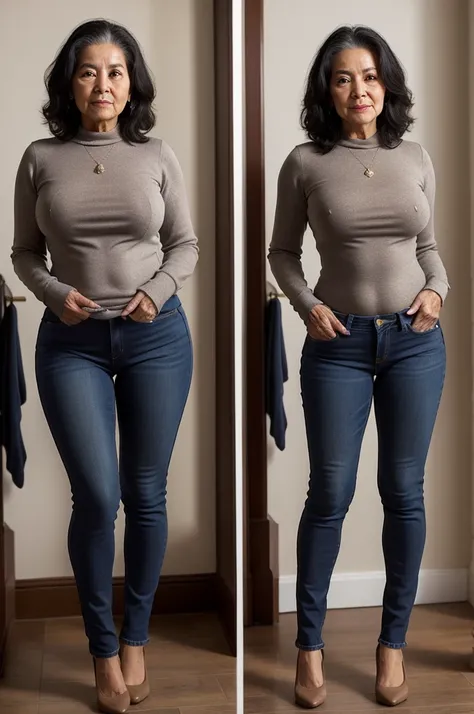 An elderly Latin woman of 70 years, with sexy curves, Skinny body, black hair, White skin, hourglass curves, hourglass figure, hourglass body, very short stature, tight jeans, warm sweatshirt