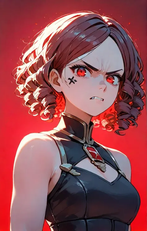 beautiful young anime girl buzz cut curly red hair angry face, digital art portrait, with glowing skin, vibrant flat colors, and a gradient red background (best quality,4k,8k,highres,masterpiece:1.2) ultra-detailed,beautiful detailed red eyes,dramatic ligh...