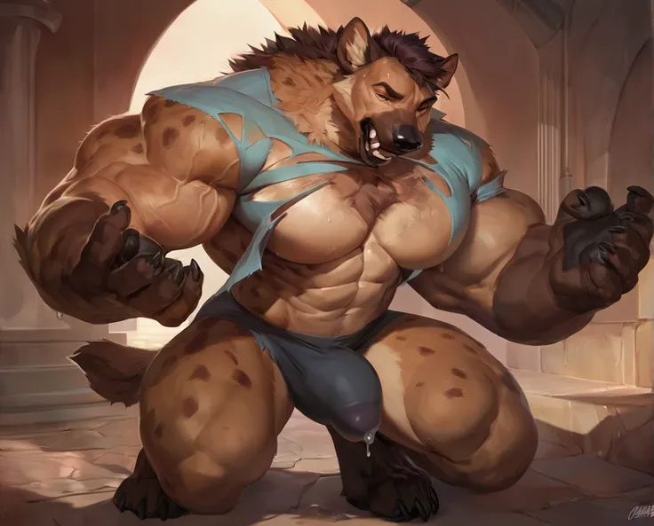 male human to spotted hyena gnoll transformation, solo, masterpiece, best art, full body, by darkgem, by patto, by oouna, by alpha0, torn shirt, detailed hands, detailed eyes, detailed torso, painful expression, transformation, pecs, abs, big muscles, hype...