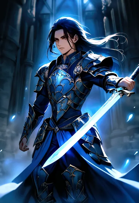 Imagine a young warrior with long dark hair, dressed in elegant but functional armor, adorned with magical runes that shine with a soft glow. He carries an ancient sword that glows blue when ready for battle.. His face reflects determination and an aura of...