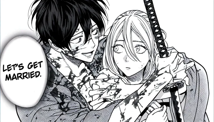 anime couple with sword and text that says lets get married, black and white manga panel, black and white manga page, chainsaw man manga, black and white manga, black and white manga comic, black and white manga style, pencil and ink manga, manga scans, in...