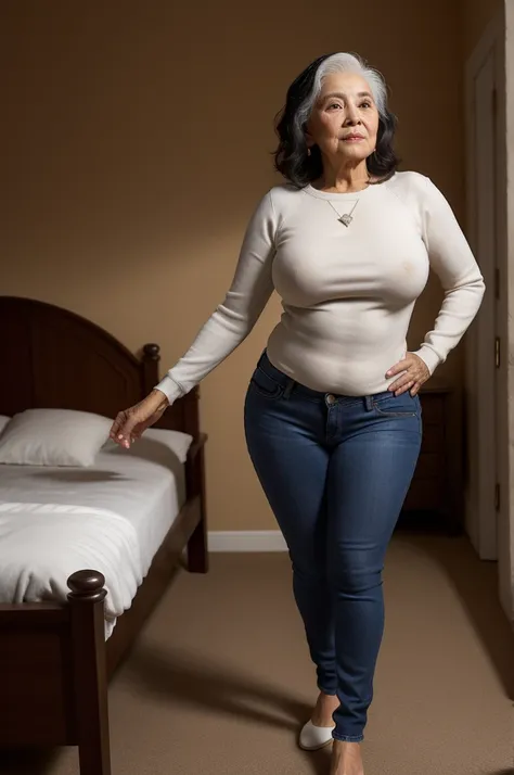 An elderly Latin woman of 70 years, with sexy curves, Skinny body, black hair, White skin, hourglass curves, hourglass figure, hourglass body, very short stature, tight jeans, warm sweatshirt