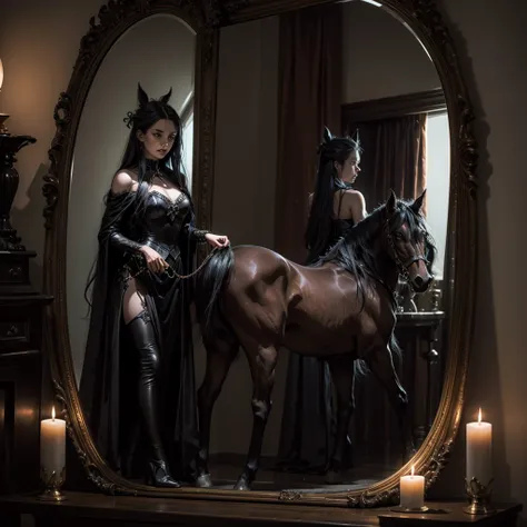 A dark lady while summoning a dark and mysterious centaur, the witch performs the ritual in front of a mirror