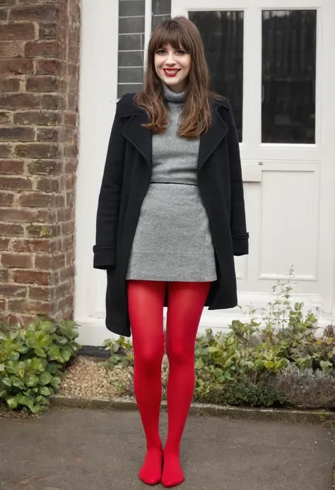 a woman wearing a twee outfit, red tights, 2010s outfit, twee