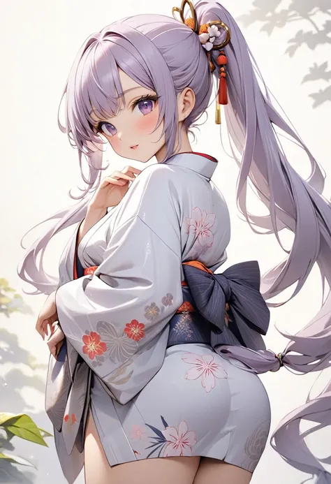 Playful and cute oriental beauty girl.Light purple-gray long hair with ponytails tied on both sides，Texture、Beautiful white Japanese kimono、，masterpiece，best quality