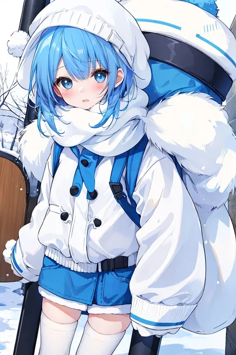 Girl、Blue hair short、Winter clothes、White knit hat、stockings、Embarrassed