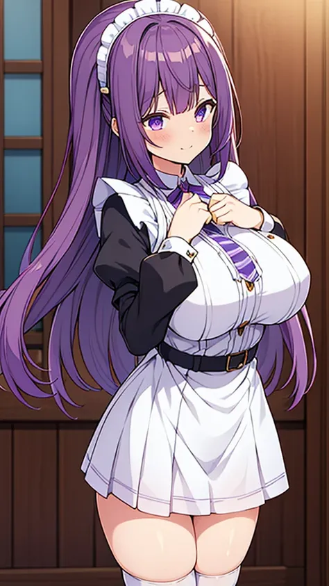 最high quality, high quality, Super detailed, 16K, Ultra-detailed details, pretty girl, alone, beautiful purple hair, Beautiful purple eyes, Big Breasts, A light smile, Summer clothes, Summer Maid clothes, Im lifting my skirt, Blue and white color striped u...