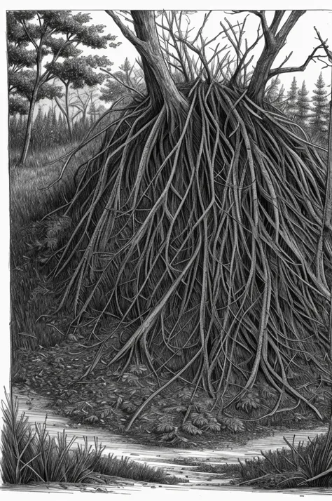 Rendered in a sketchy pen drawing style on rough paper, monochrome. A small pile of roots forms a creature that looks like a ghillie suit. It is walking shaky through the woods. 