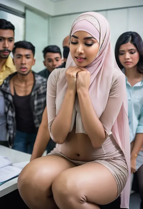 Nude 24 year old teenage malay woman with hijab,wearing pantyhose,office background,arousal expression,closed eyes,a group of men watching,ready to fuck,a man sticking his penis on vagina from behind,bending over