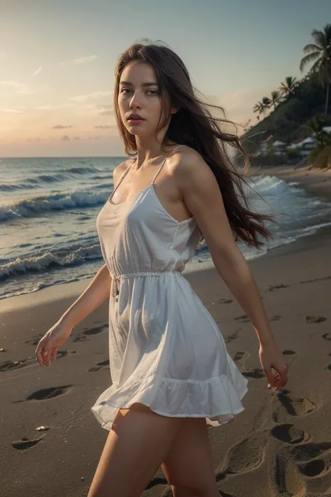 (Extremely detailed CG:1.2), (Masterpiece:1.2), (The best quality:1.2),,((absurdities)),looking at the viewer,whole body,,(1girl),only,(long hair),wearing a sundress at night in beach,Dynamic Angle,Standing,dynamic  pose,((Delicate facial features)),(blue ...