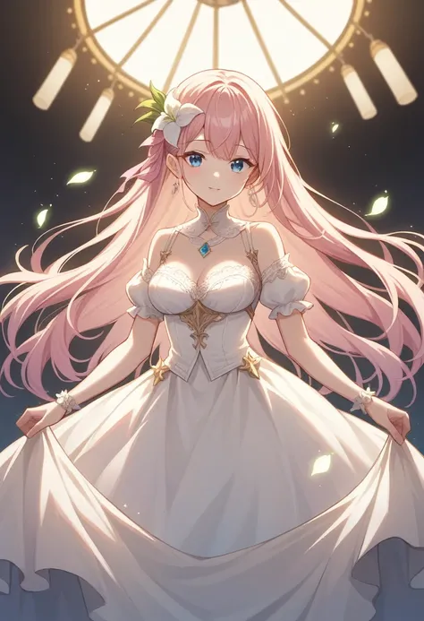 ((Highest quality)), ((masterpiece)), (detailed), ((Perfect Face)), lillia, One Girl、Pink long hair、blue eyes、White dress with black lace、large pink ribbon on the chest, A white flower hair ornament around the right ear、Tanabata、Lantern、Lots of lights