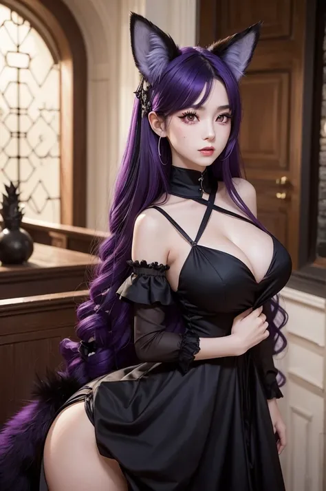 A girl with fox ears and four fox tails, the girl has very dark purple hair along with the tails, the girl has red eyes, the girl has a sexy body with big , The girl wears a black dress with a large neckline and a part that shows her left feather., and she...