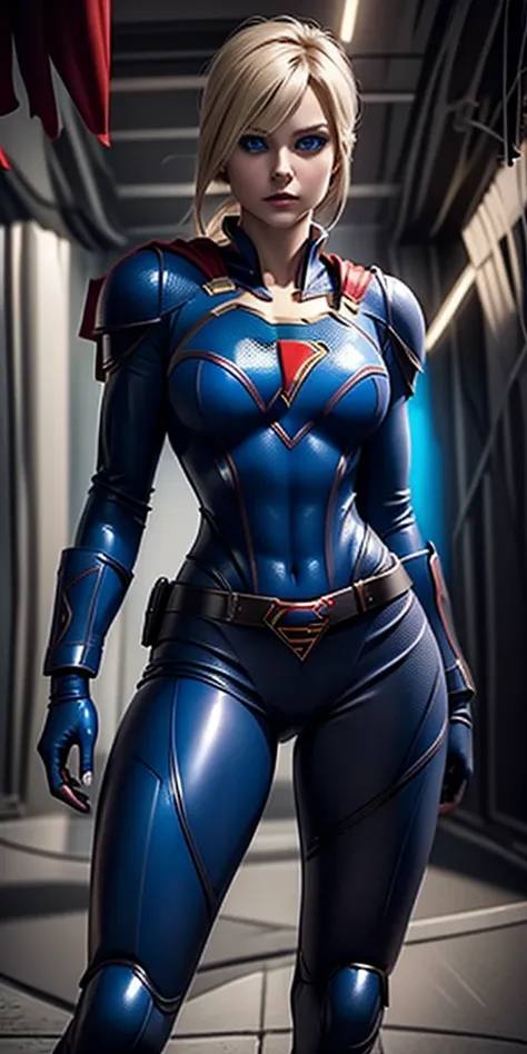 the character supergirl, rubberized black costume, shiny blue eyes, beautiful blond hair,