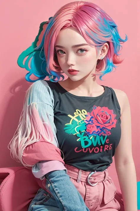 （T-shirt mode rose：1.9），(Cheveux colorés: 1.8), (toutes les couleurs de l&#39;arc en ciel: 1.8),(((((vertical peintureing：1.6))), （peintureing：1.6），Devant, des bandes dessinées, illustrations, peintureings, grands yeux, yeux cristallins,（ queue de cheval h...