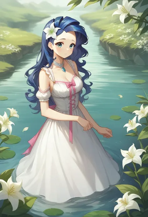 ((Highest quality)), ((masterpiece)), (detailed), ((Perfect Face)), lillia, One Girl、Pink long hair、blue eyes、White dress with black lace、large pink ribbon on the chest, A white flower hair ornament around the right ear、Tanabata、Lantern sink、River at night...