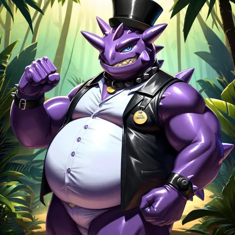 Solo, Male, fat, extremely obese, gentleman, dapper Professor Toxtricity, blue eyes, (posing:1.3), (soft shading), 4k, hi res, ((detailed face, detailed)), looking at viewer, evil grin, jungle, forest, collared shirt with buttons, top hat, male focus, Expl...