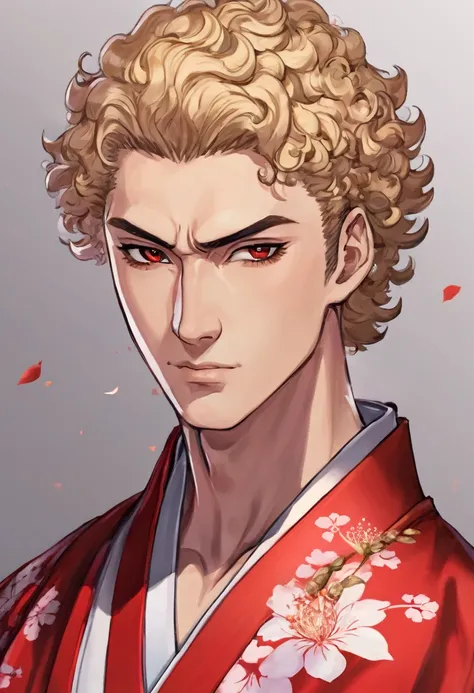 Create a guy with a muscular body,with curly hair,with hair color of a blonde tone, not too dark and not too light, but cut on the sides,eyes match the same hair color,final eyebrow with line,beautiful mouth and delicate nose,with karate kimono and red glo...